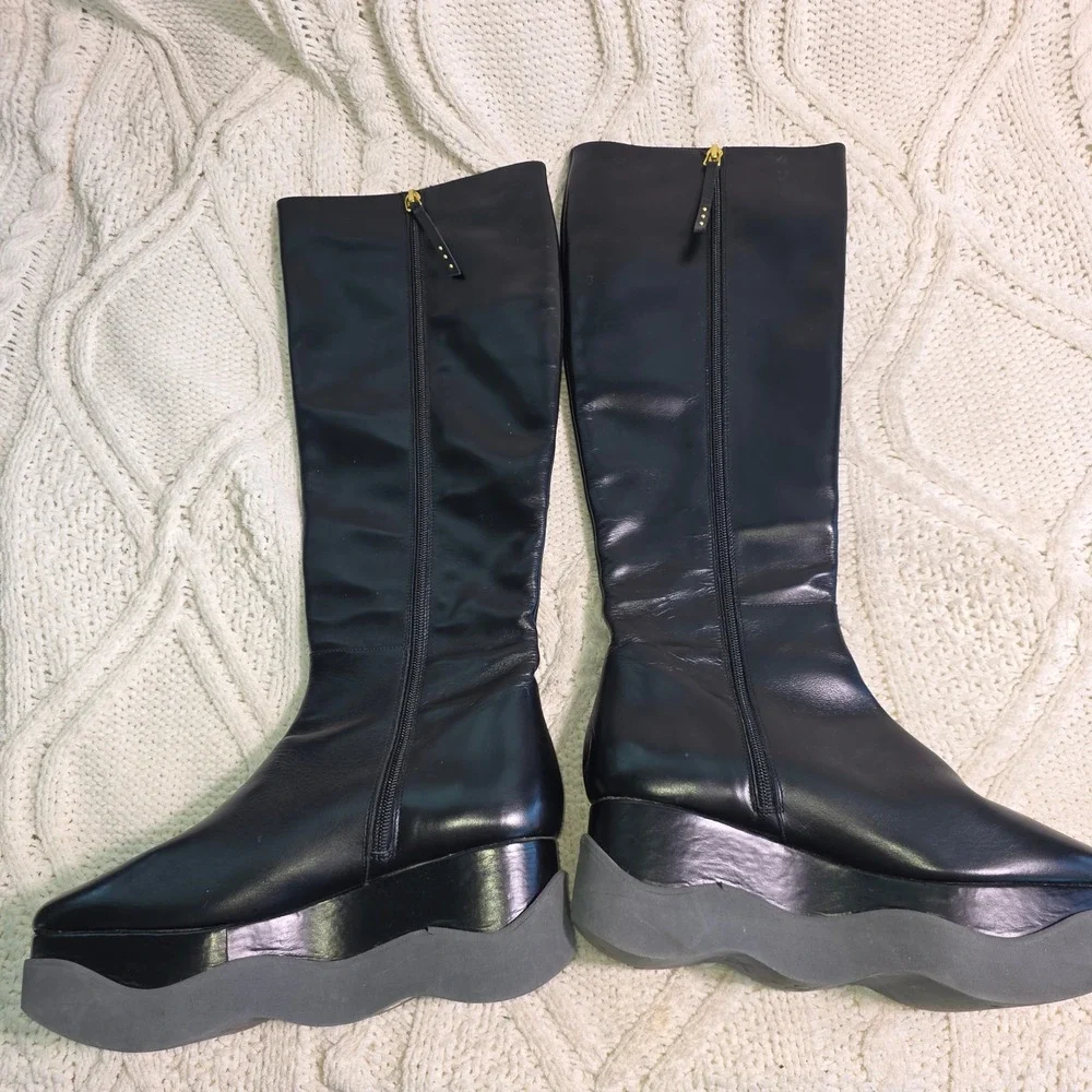 Paloma Barcelo 2 Platform‎ Wedge Knee High Boots Black Leather Womens 40 9-9.5